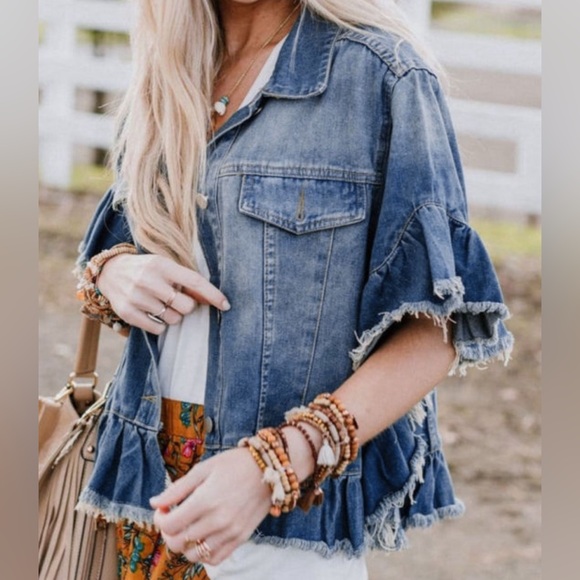 Blue Raw Edge Ruffled Short Sleeve Denim Jacket - Picture 3 of 6